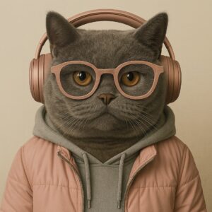 Graue Katze mit Brille als Maskottchen für Tiergesundheit und Tierversicherung