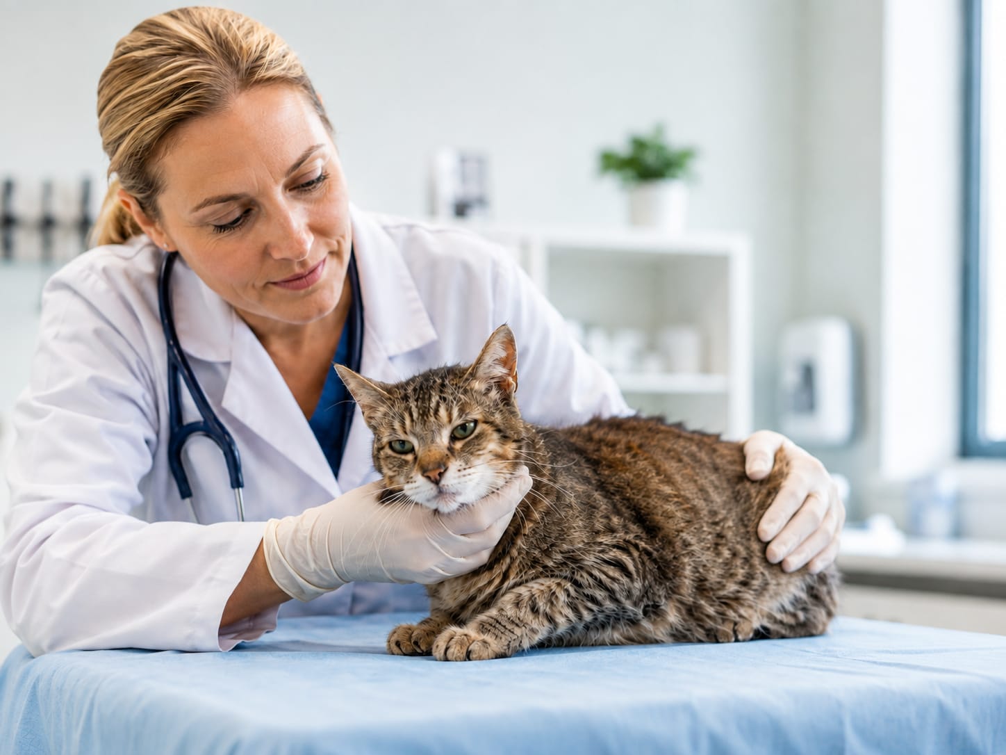 Katzen-OP Kosten: Tierärztin untersucht eine Katze vor der Operation