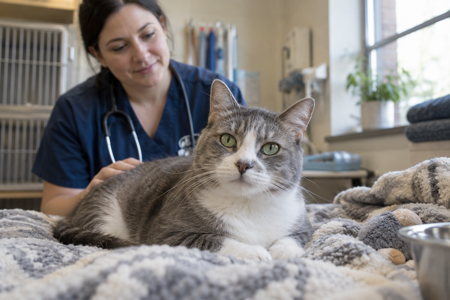 Tierärztin tastet vorsichtig den Bauch einer Katze ab.