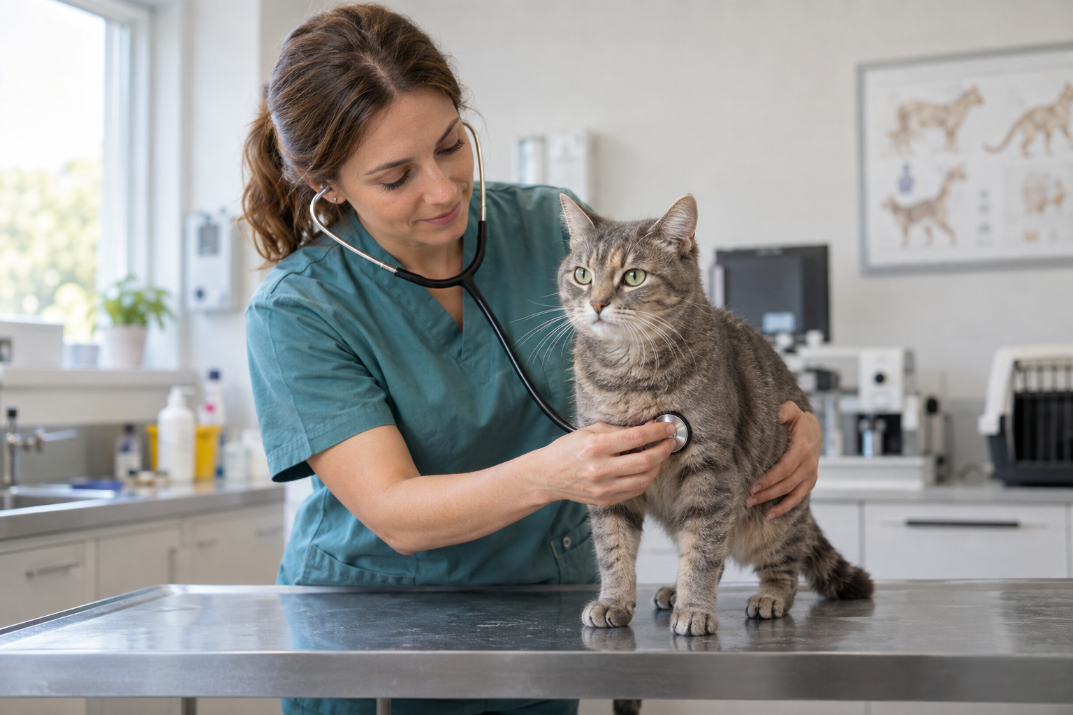 Tierarzt und Katzenhalterin mit einer Katze im Behandlungszimmer.
