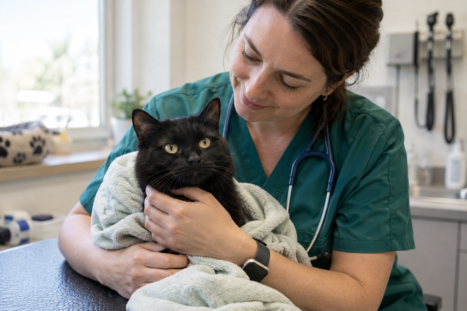 Tierärztin untersucht eine Katze auf dem Untersuchungstisch.