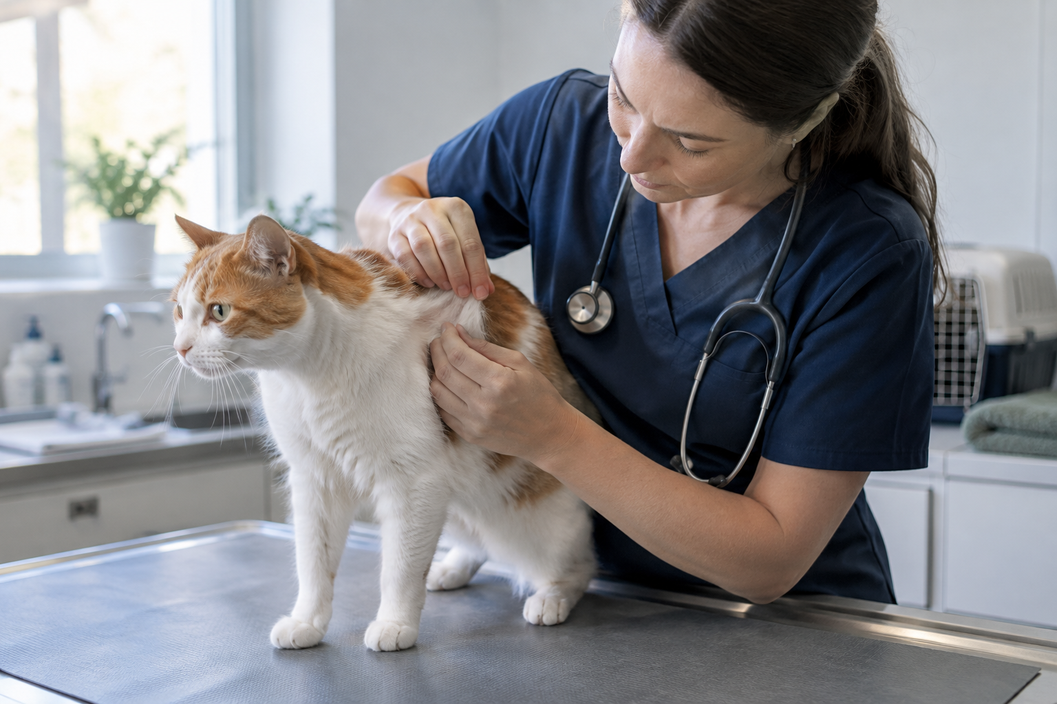 Tierärztin untersucht eine Katze auf dem Untersuchungstisch.