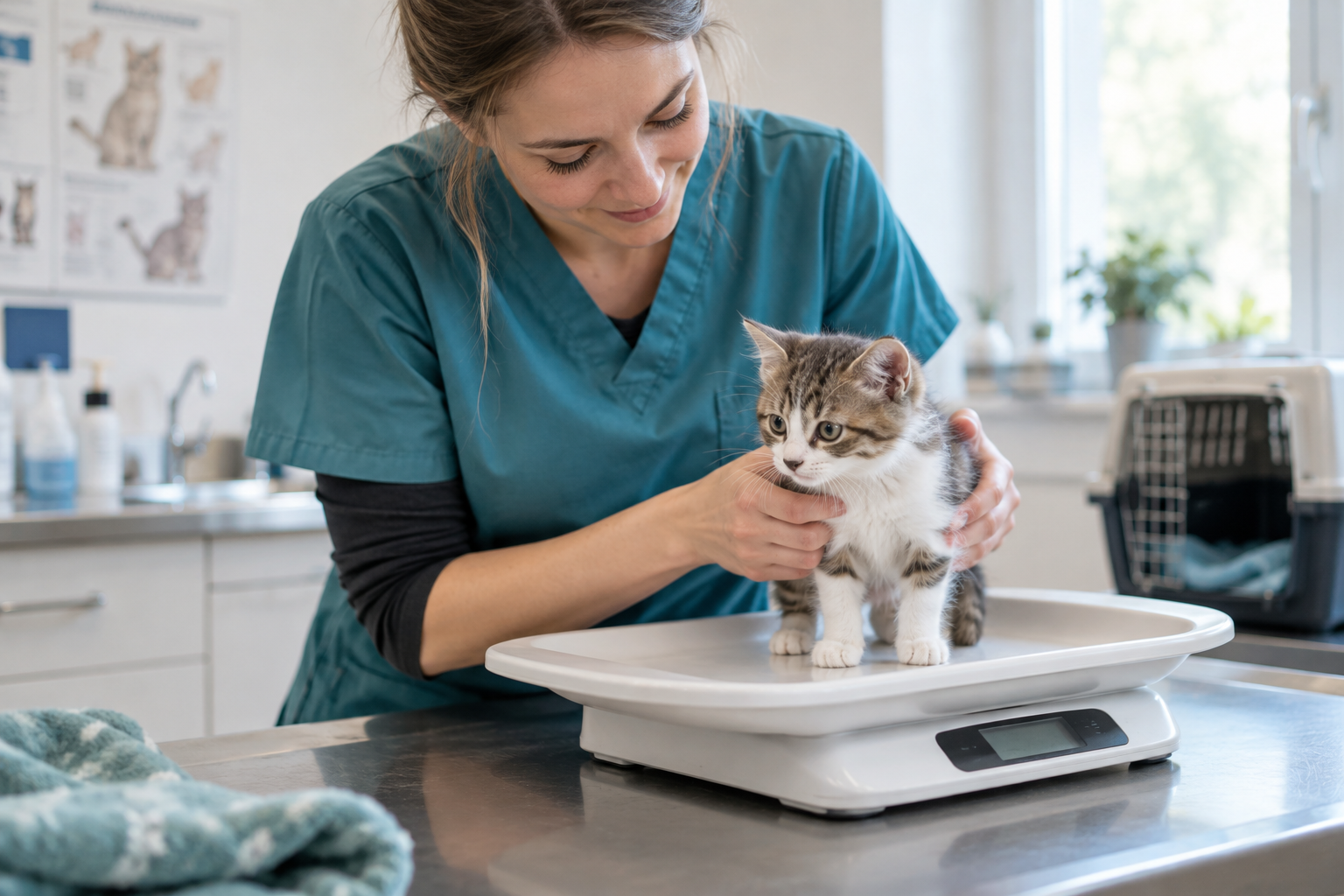 Junge Katze wird in der Tierarztpraxis auf einer Tierwaage gewogen.