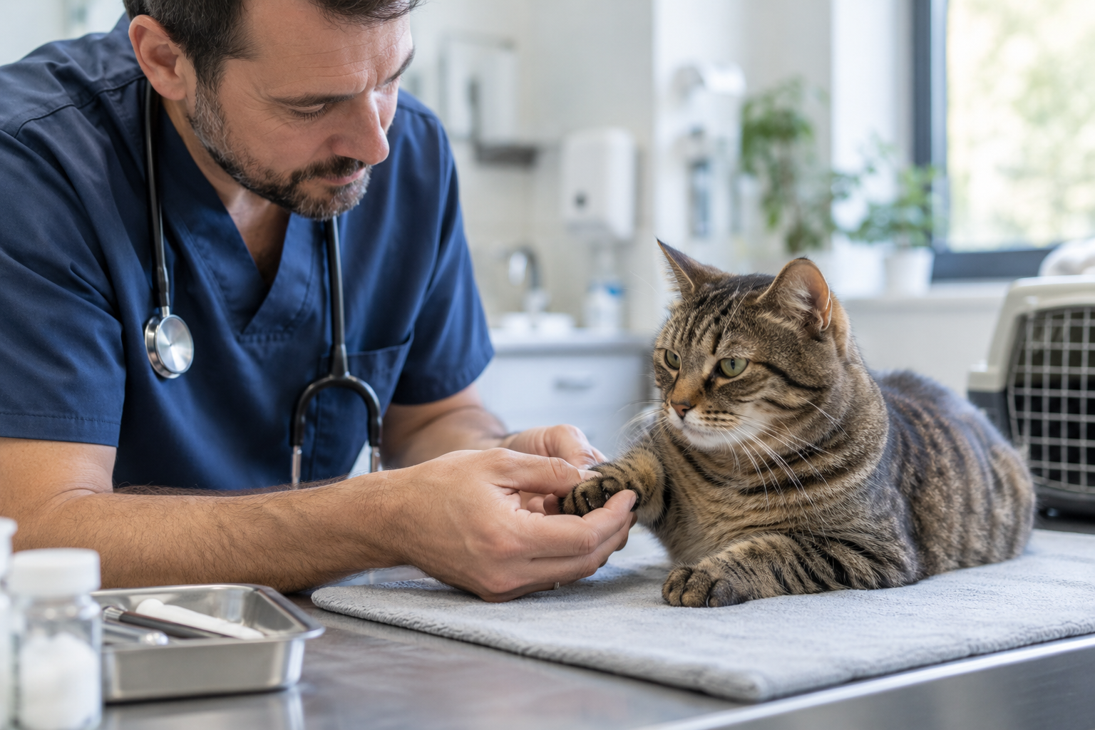 Tierarzt kontrolliert die Pfote einer Katze.
