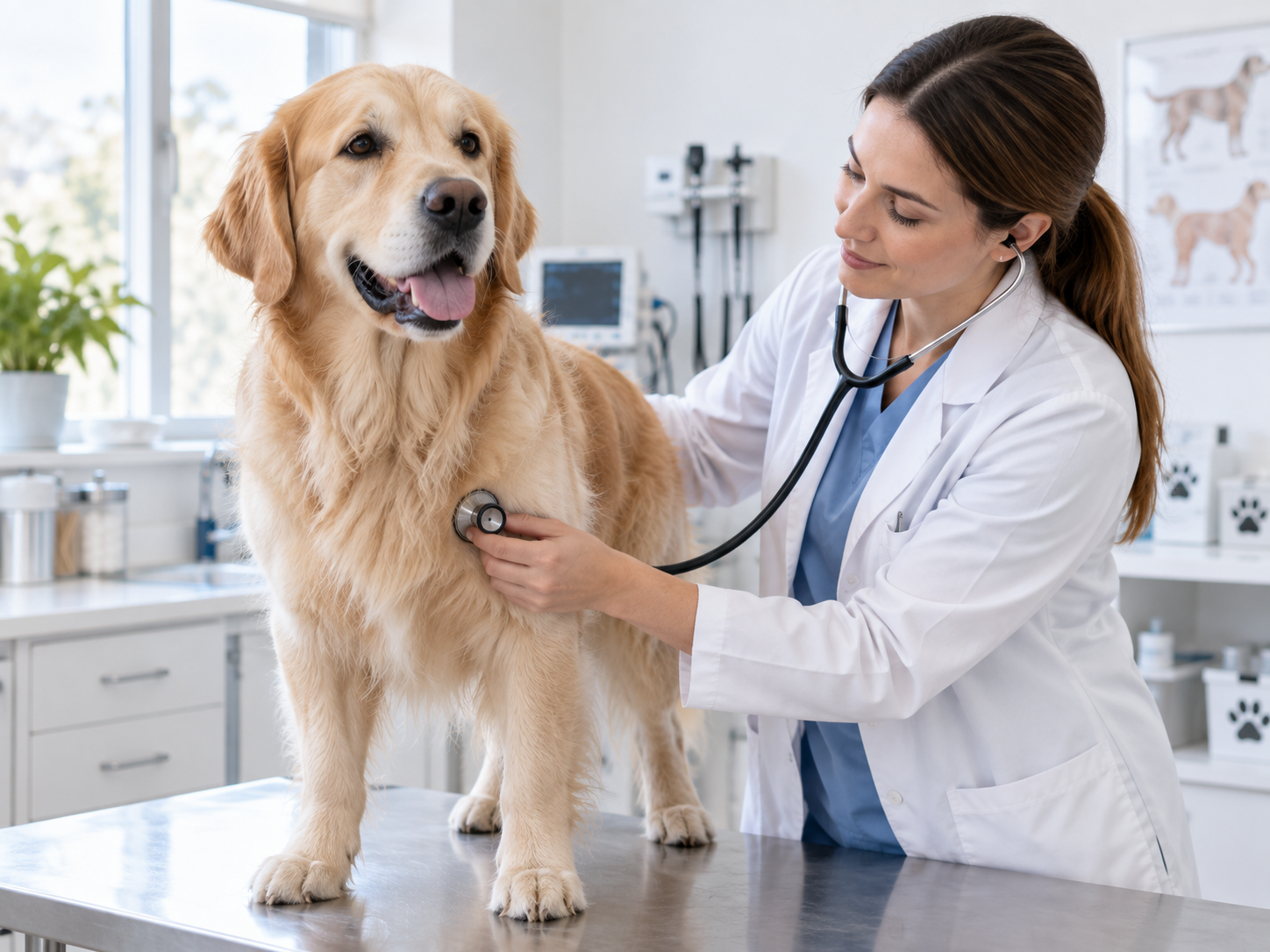 Tierärztin untersucht einen Golden Retriever mit dem Stethoskop
