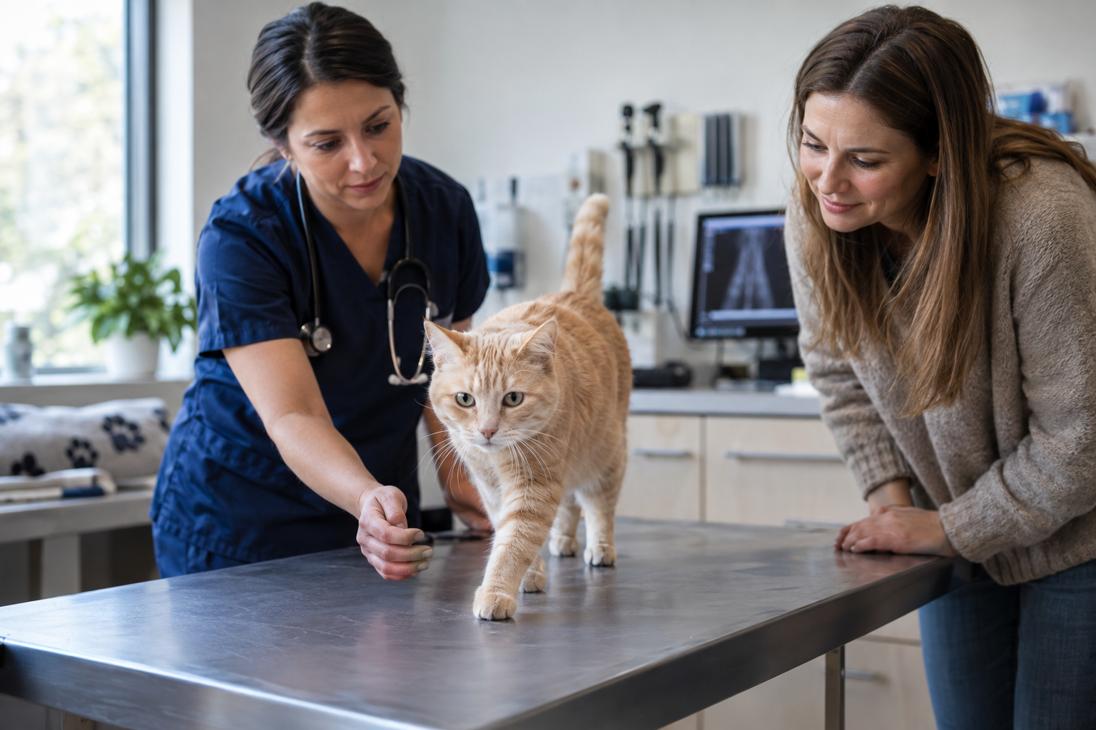 Tierärztliche Untersuchung einer Katze in der Tierarztpraxis
