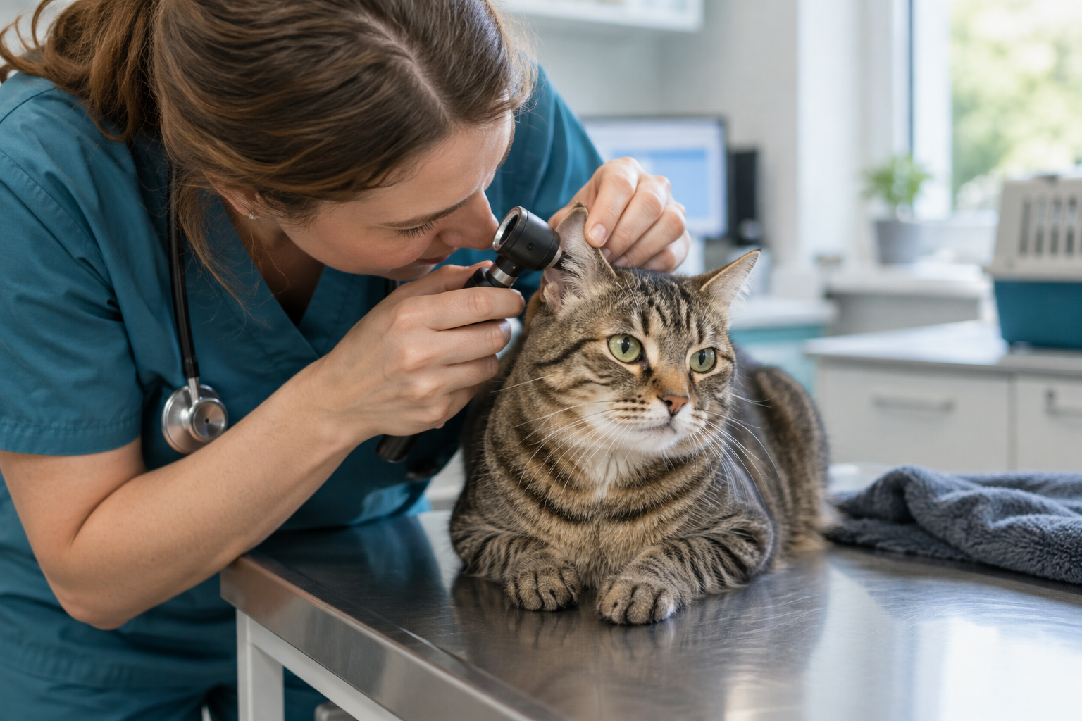 Tierärztin untersucht das Ohr einer getigerten Katze mit einem Otoskop.
