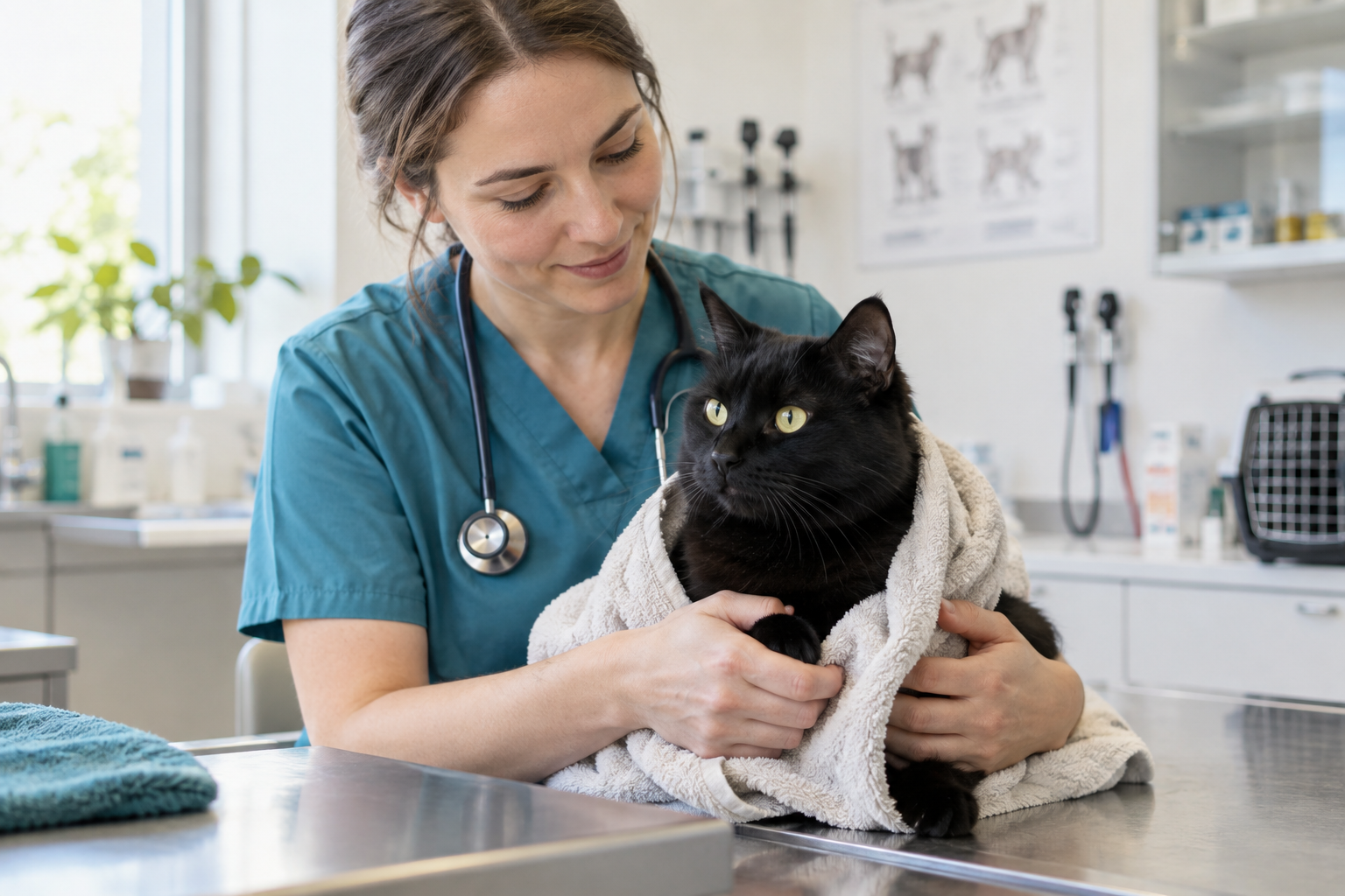 Tierärztin hält eine schwarze Katze im Handtuch auf dem Untersuchungstisch