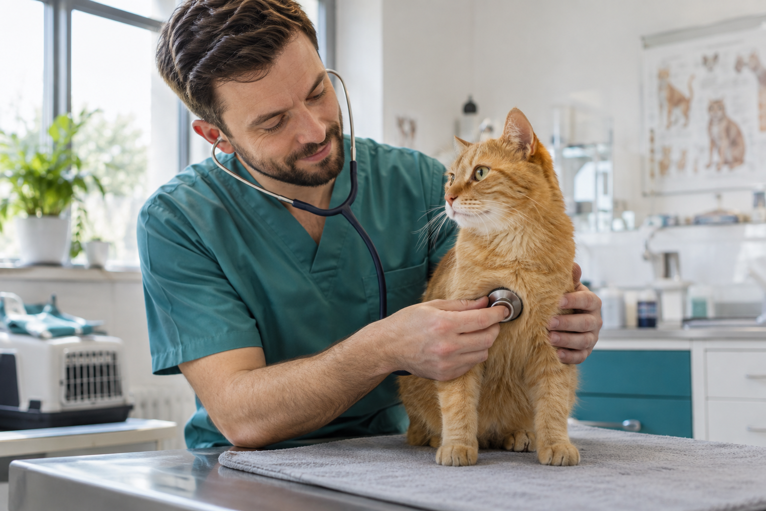 Tierärztin untersucht die Vorderpfote einer getigerten Katze.