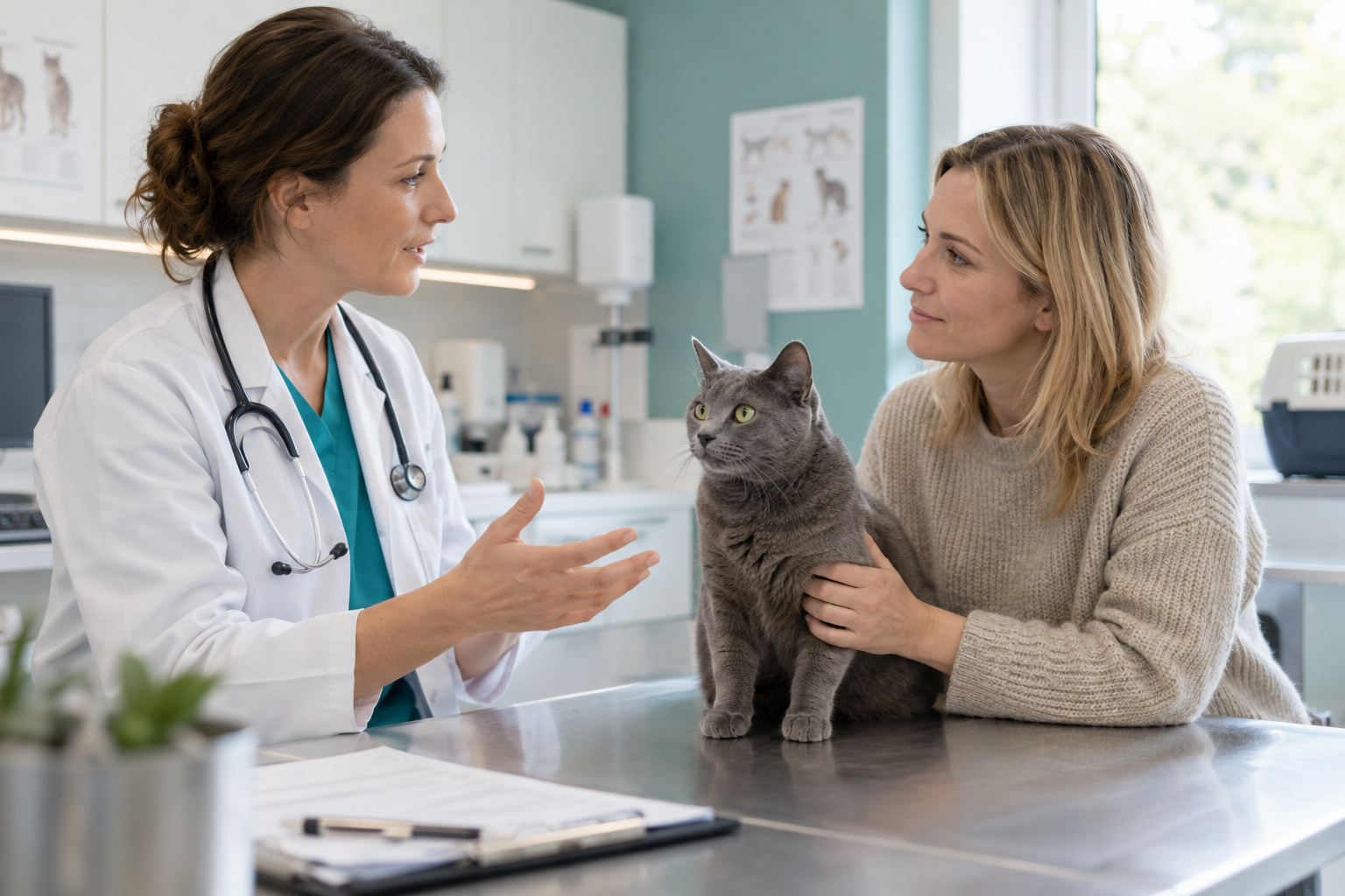 Tierärztin bespricht die Versorgung einer grauen Katze mit ihrer Halterin.