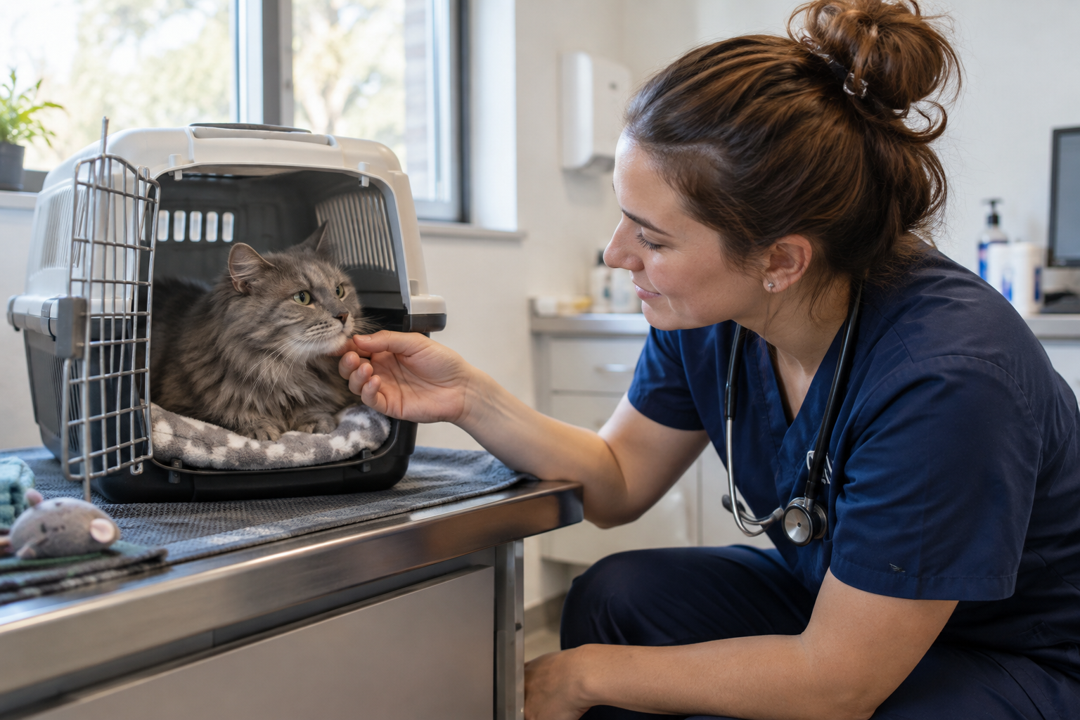 Tierärztin untersucht Haut und Fell einer Katze.