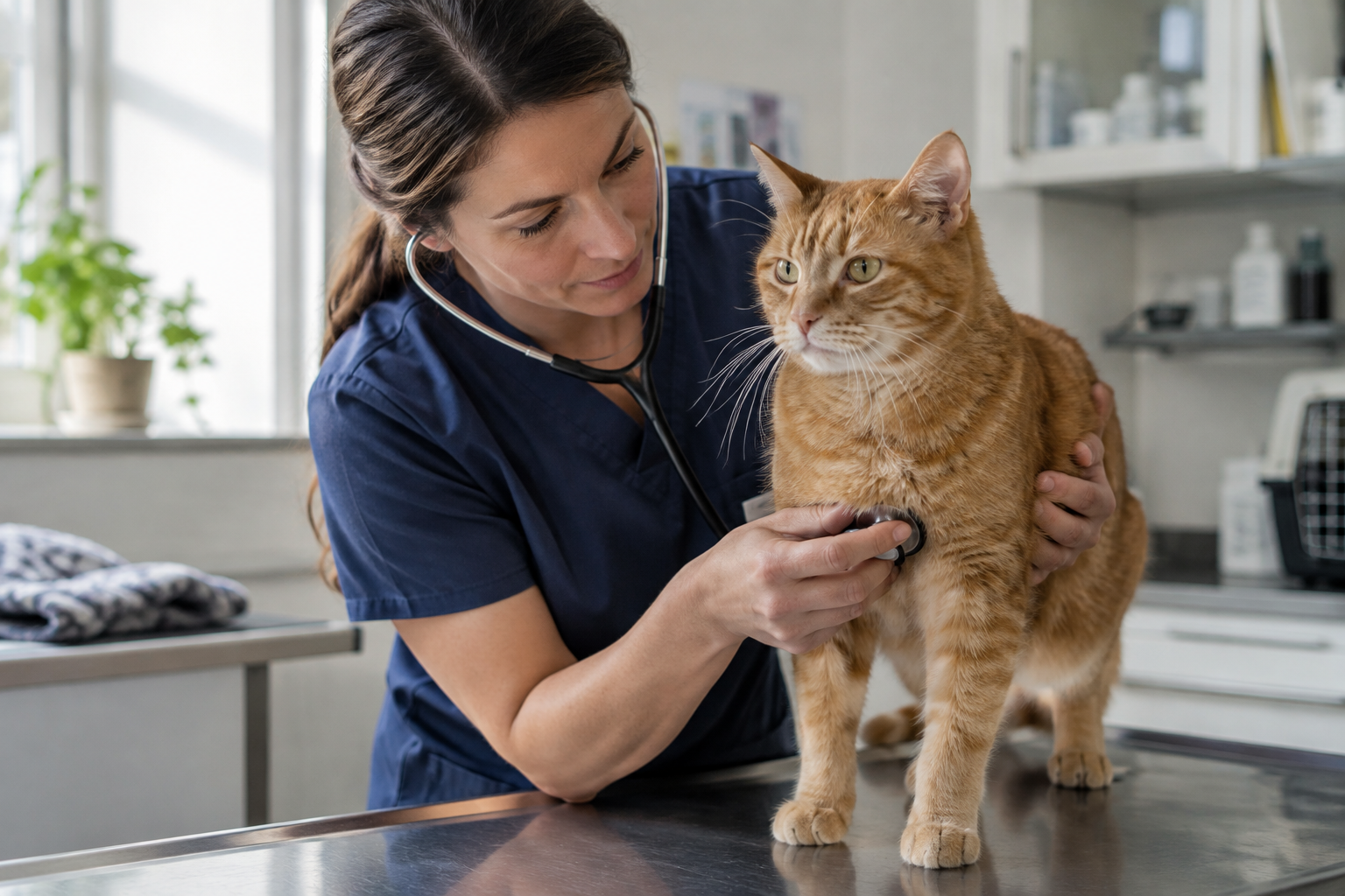 Tierärztin tastet vorsichtig den Bauch einer Katze ab.
