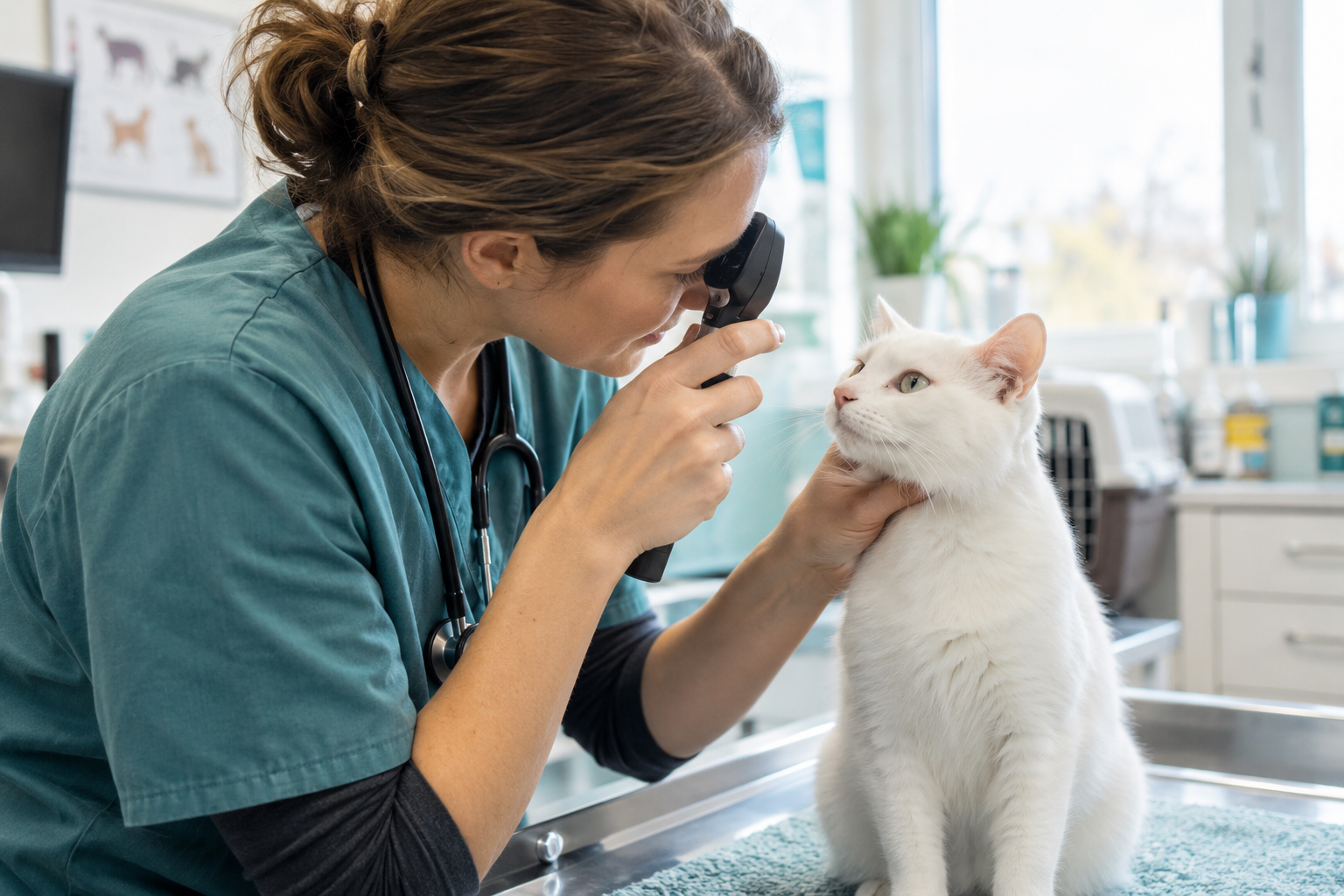 Tierärztin untersucht die Augen einer weißen Katze.
