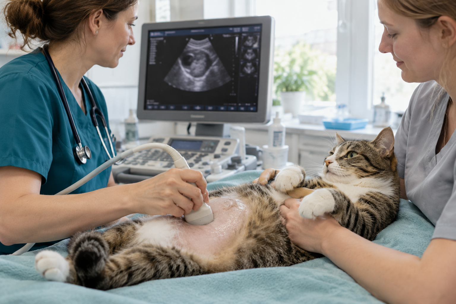 Ultraschalluntersuchung am Bauch einer Katze in der Tierklinik.
