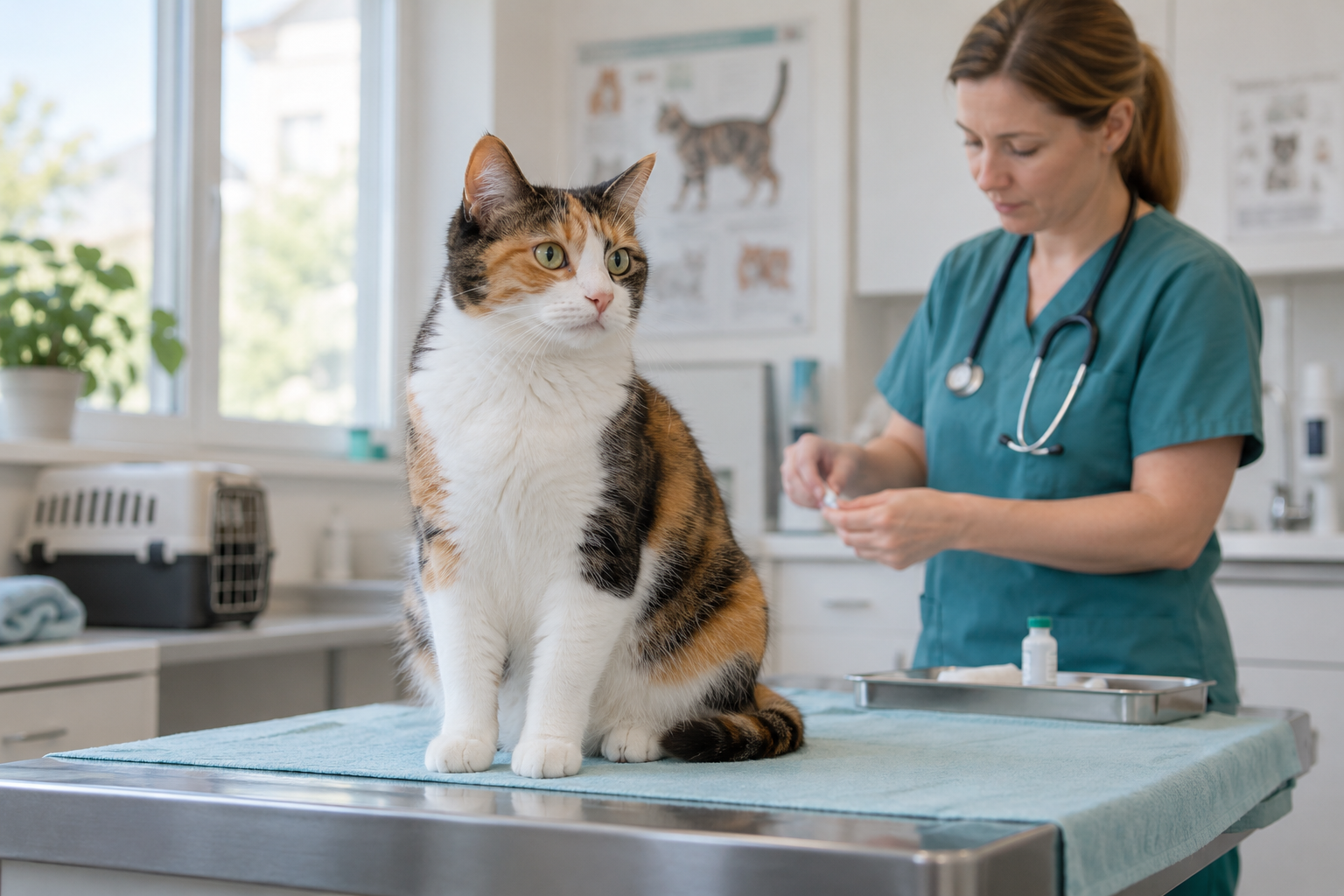 Dreifarbige Katze auf dem Untersuchungstisch in einer Tierarztpraxis.