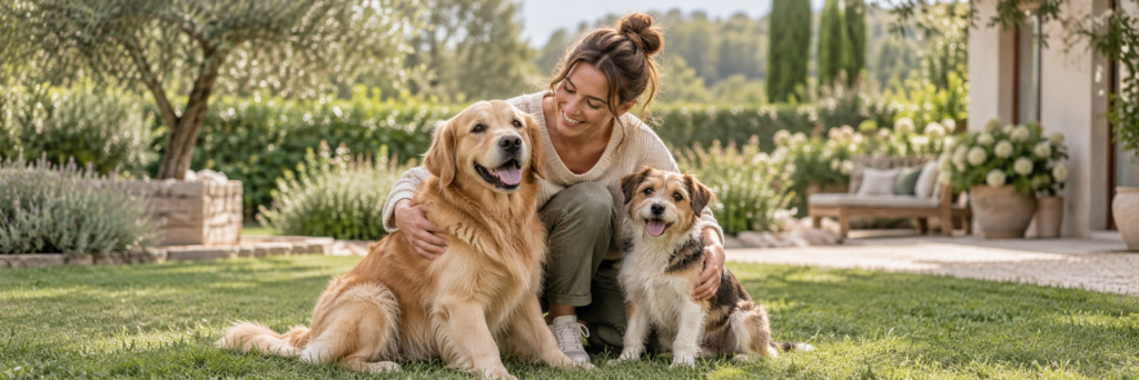 Frau mit zwei Hunden auf einer Wiese – den passenden Hundenamen finden