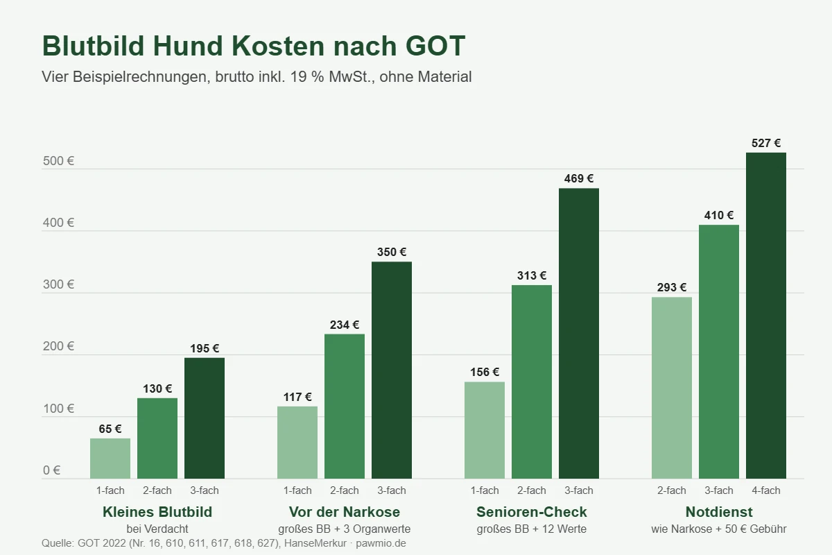 Blutbild Hund Kosten: vier Beispielrechnungen nach GOT mit 1- bis 4-fachem Satz