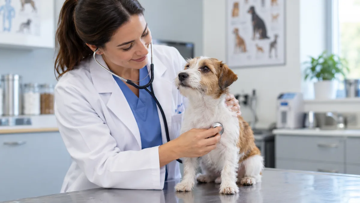 Blutbild Hund beim Tierarzt Tierärztin untersucht einen Hund – Blutbild Hund Kosten