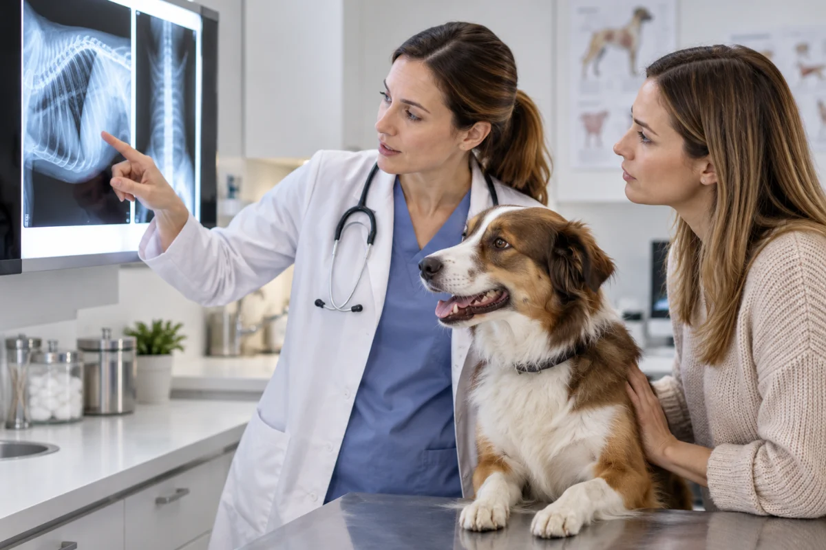 Tierärztin erklärt das Röntgenbild eines Hundes Tierärztin zeigt das Röntgenbild eines Hundes – Röntgen Hund Kosten