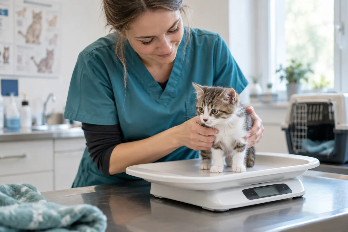 Tierärztin untersucht ein Kitten vor der Impfung