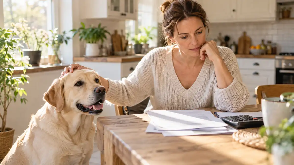 Hundehalterin rechnet am Küchentisch mit Unterlagen und Taschenrechner, neben ihr sitzt ein Labrador – lohnt sich eine Hundeversicherung?