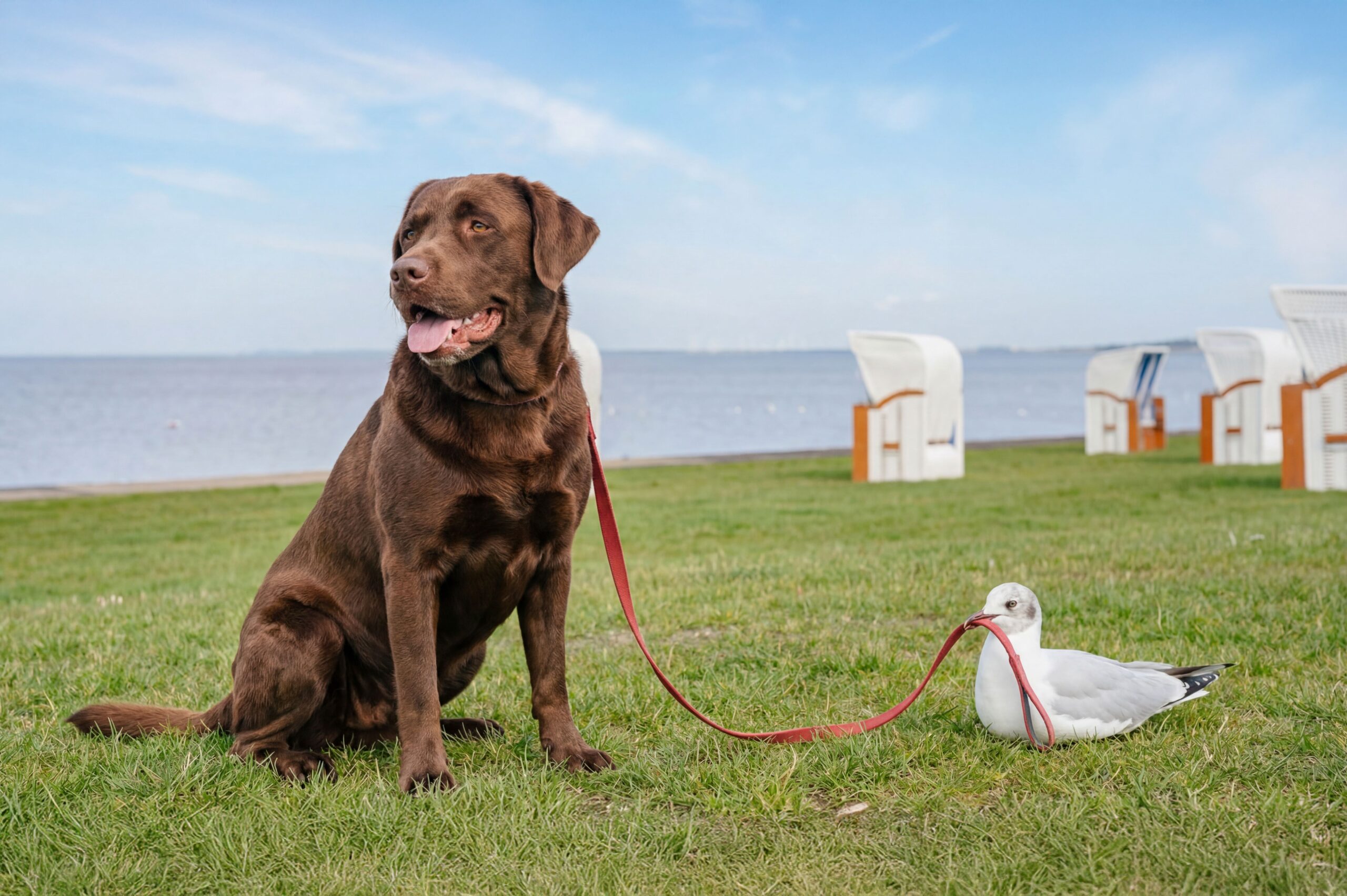 Labrador sitzt vor Strandkörben am Meer Hundestrände Ostsee – Hund am Strand