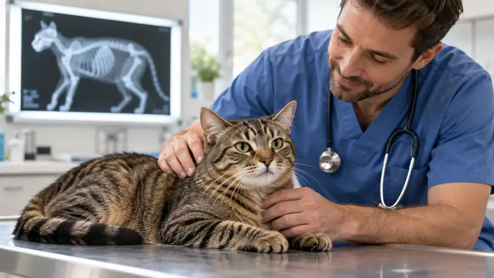 Röntgen Katze beim Tierarzt Tierarzt beruhigt eine getigerte Katze, im Hintergrund ein Röntgenbild eines Katzenskeletts