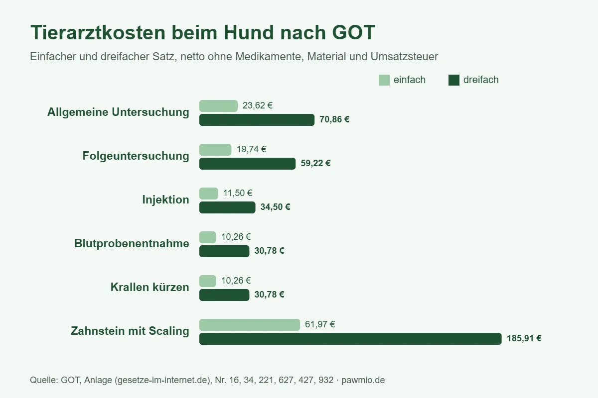 Infografik Tierarzt für Hunde: GOT-Gebühren für Untersuchung, Injektion, Blutentnahme und Zahnstein beim Hund, einfacher und dreifacher Satz