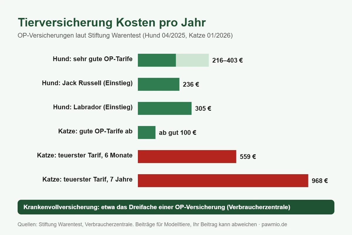 Infografik: Tierversicherung Kosten pro Jahr – OP-Versicherungen für Hund und Katze laut Stiftung Warentest