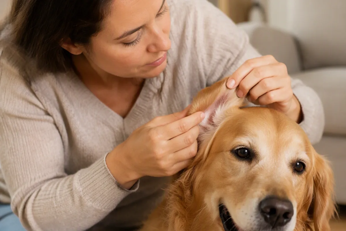 Frau streichelt ihren Golden Retriever zu Hause