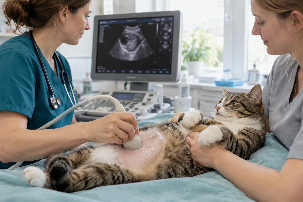 Ultraschalluntersuchung am Bauch einer Katze in der Tierarztpraxis