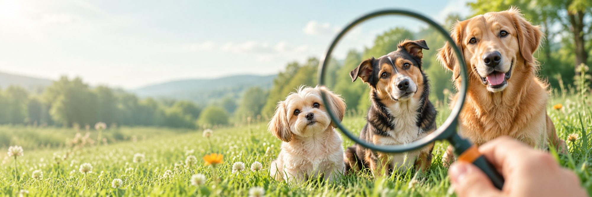 Welcher Hund passt zu mir? Drei Hunde unterschiedlicher Größe auf einer Wiese