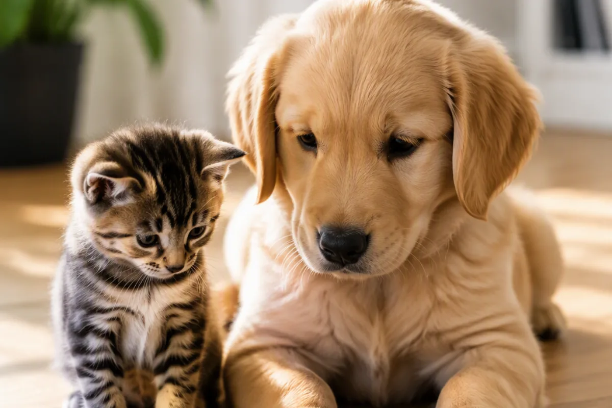 Welpen adoptieren Golden-Retriever-Welpe liegt neben einem Kätzchen – Welpen adoptieren