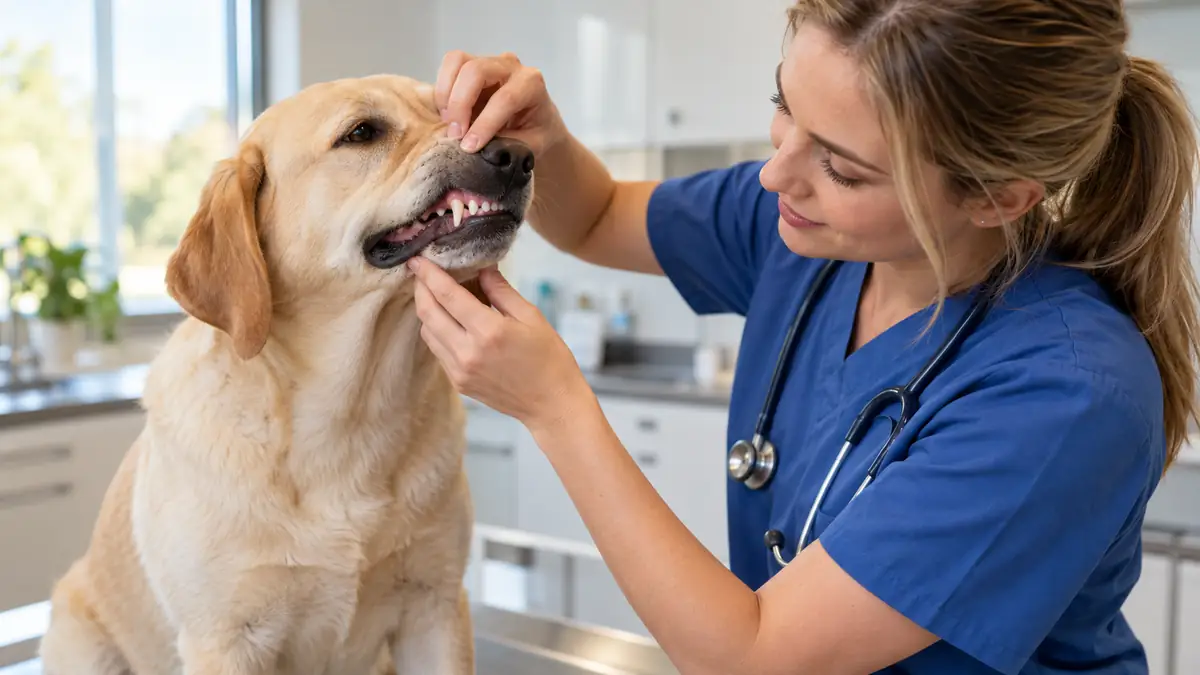 Tierärztin untersucht die Zähne eines Labradors vor der Zahnreinigung